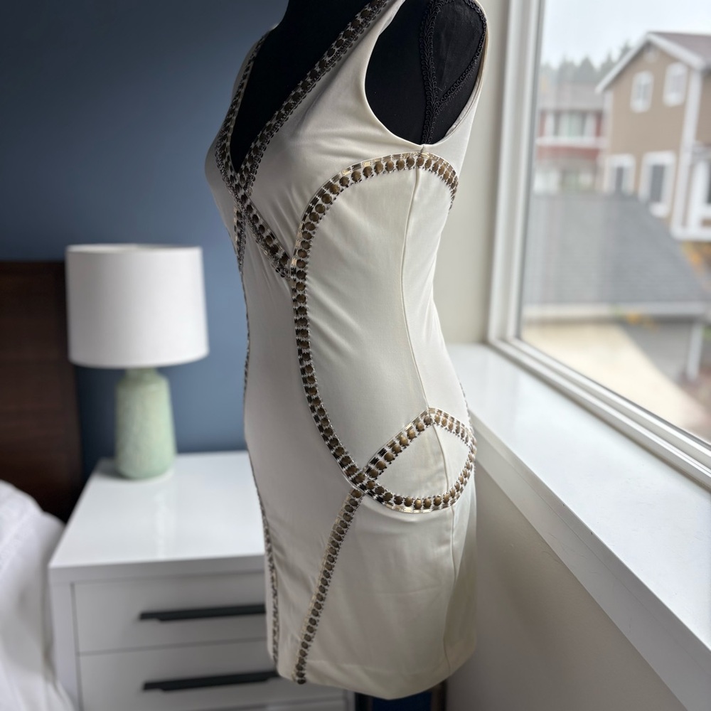 Bebe Cream Bodycon Sleeveless Mini Dress with Gold Studs & Sequins - Sexy Party - Picture 10 of 16